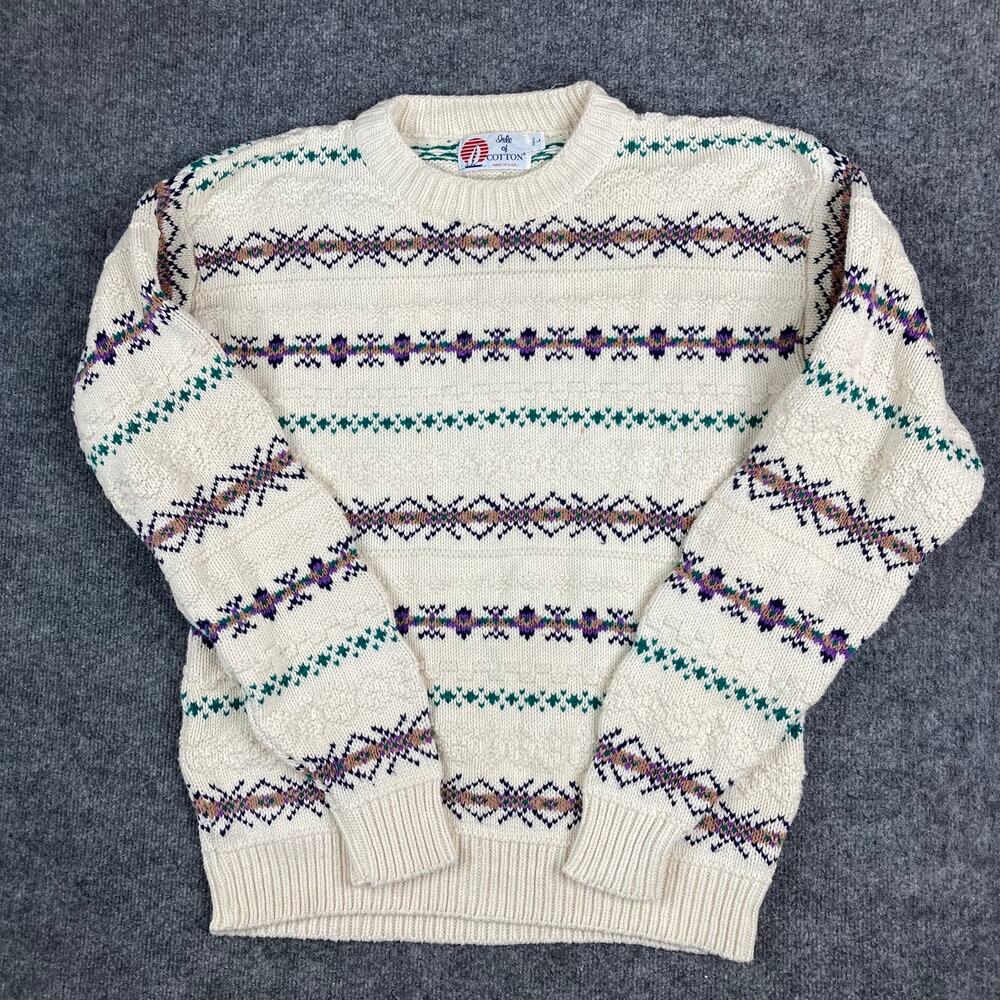 Isle of Cotton Sweater Mens Size Tall Large Cream Fair Isle Knit Vintage